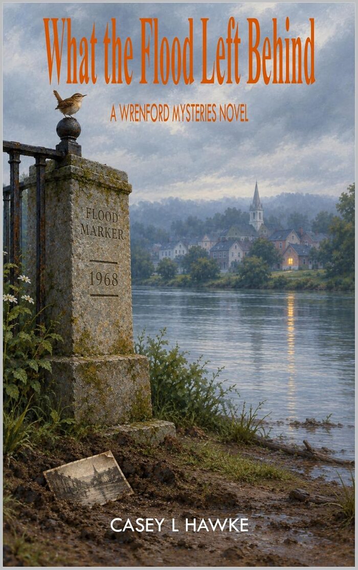 Book cover: What the Flood Left Behind, A Wrenford Mysteries Novel, by Casey Hawke