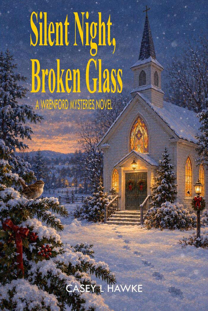 Book cover: Silent Night, Broken Glass, A Wrenford Mysteries Novel, by Casey Hawke