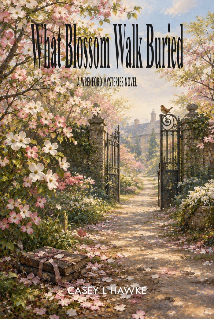 Book cover: What Blossom Walk Buried, A Wrenford Mysteries Novel, by Casey Hawke